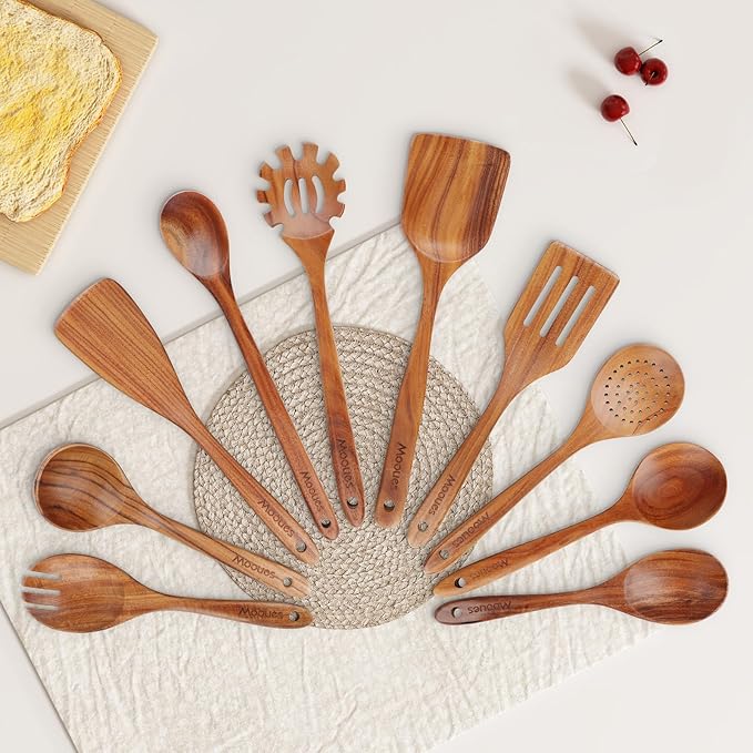 Wooden Spoons for Cooking, Wooden Utensils for Cooking Natural Teak Wooden Kitchen Utensils Set Comfort Grip(10 PCS SET GIFT BOX)