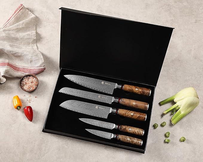 Wakoli Damascus Chef Knife Set with Magnetic Block ??5-Piece Professional Kitchen Knife Block Set, Genuine 67-Layer Damascus Steel Blades with VG10 Core & Ergonomic Sycamore Wood Handles