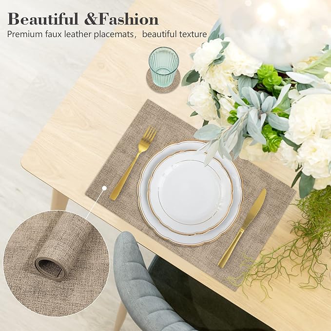 JUCCWARM Faux Leather Placemats Set of 6,Heat Resistant Placemats for Dining Table, Easy Clean Non-Slip Place Mats, Waterproof Stain Resistant Wipeable Washable PU Table Mats, (Light Brown)