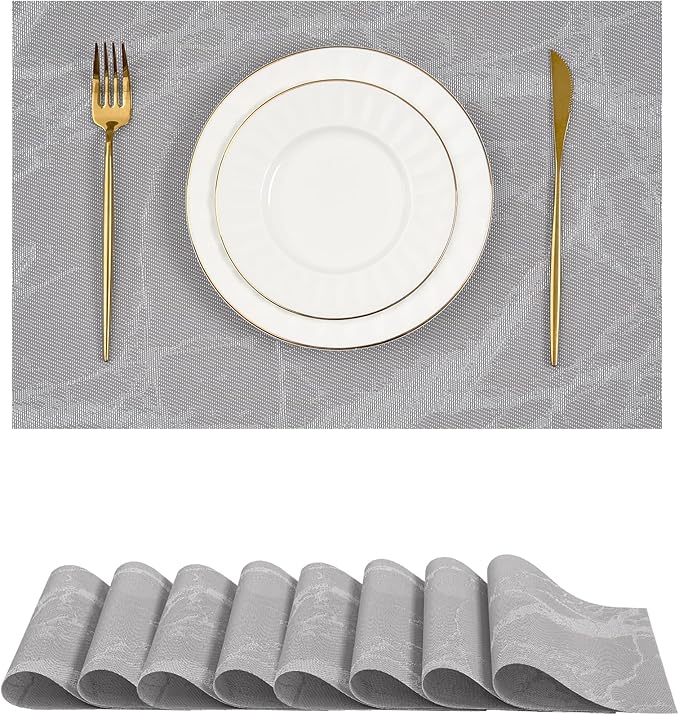 Leetaltree Reversible Marble Placemats Set of 8 ??Ships Flat and Stays Flat, Durable Washable Vinyl PVC Placemats, Heat Resistant, Easy Wipe Clean (Gray Marble Pattern)