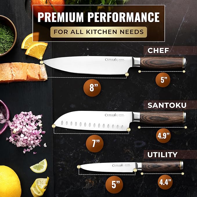 Cutluxe 3-Piece Chef Knife Set ??Ultra Sharp Japanese Kitchen Knives, High Carbon Stainless Steel Blades, Full Tang Pakkawood Handles ??Shinobi Series