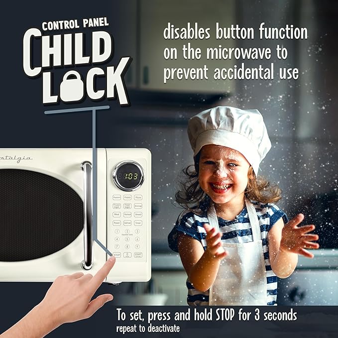 Nostalgia Retro 700W Microwave Oven 0.7 Cu Ft Capacity ??Child Safety Lock, 8 Auto-Cook Settings ??Countertop Kitchen Appliance ??Ivory