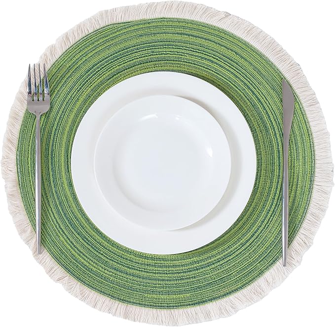 Leetaltree 15 Inch Boho Braided Christmas Placemats Set of 6 - Round Cotton Table Mats with Tassel Fringe Washable & Heat Resistant for Dining Table, Farmhouse Kitchen Decor(Green,Set of 6)