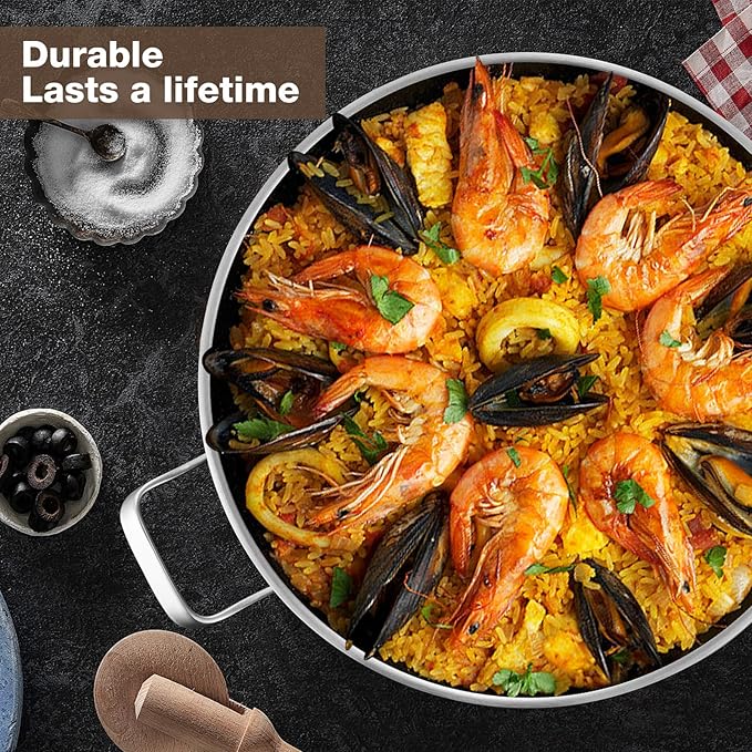 Tri-Ply Stainless Steel Paella Pan Large Saute Pan with Lid (Stainless Steel, Hybrid 13.5 INCH)