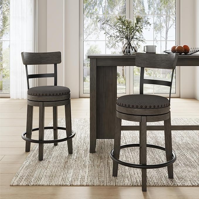 Signature Design by Ashley Caitbrook | Farmhouse Swivel 24" Counter Height Barstool ??360째 Swivel, Upholstered with Nailhead Trim, Metal & Wood Frame, Gray
