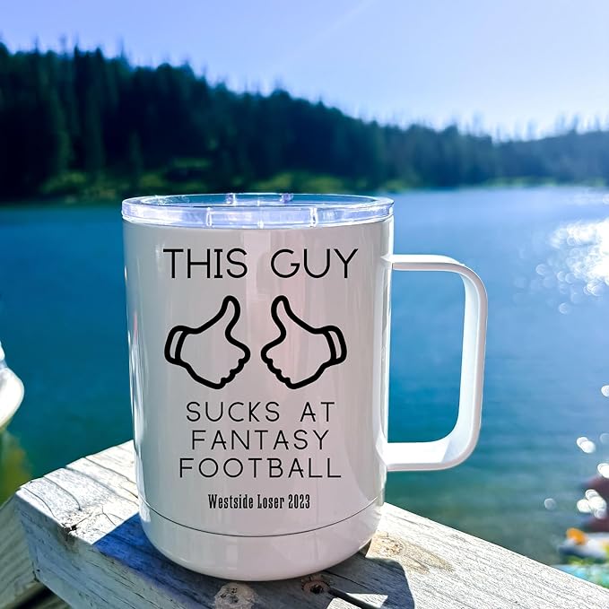 This Guy Sucks at Fantasy Football Mug | Insulated Cup with Lid | Funny Personalized Fantasy Loser Coffee Mug | Last Place Trophy Gif
