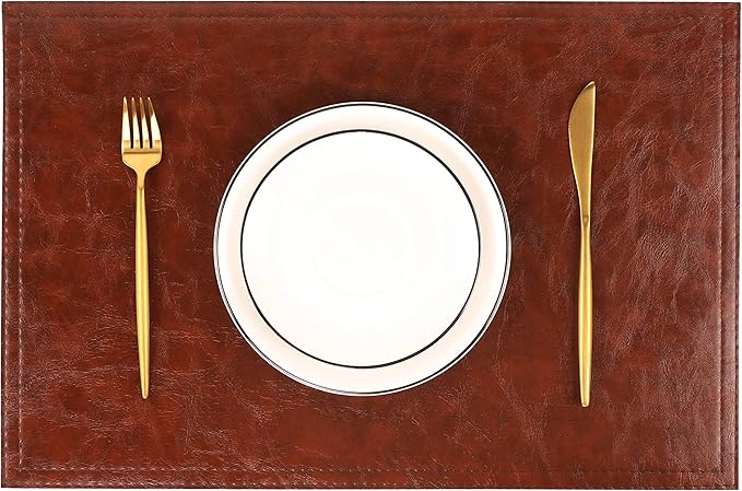 Jovono Waterproof PU Placemats, Faux Leather Dining Table Mat, Set of 8, Easy to Wipe Off Scrub Vinyl Mat, Heat & Stain Resistant for Office Conference Table, Home D챕cor Brown