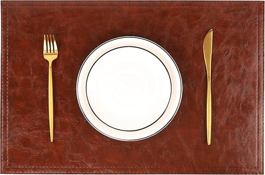 Jovono Waterproof PU Placemats, Faux Leather Dining Table Mat, Set of 8, Easy to Wipe Off Scrub Vinyl Mat, Heat & Stain Resistant for Office Conference Table, Home D챕cor Brown