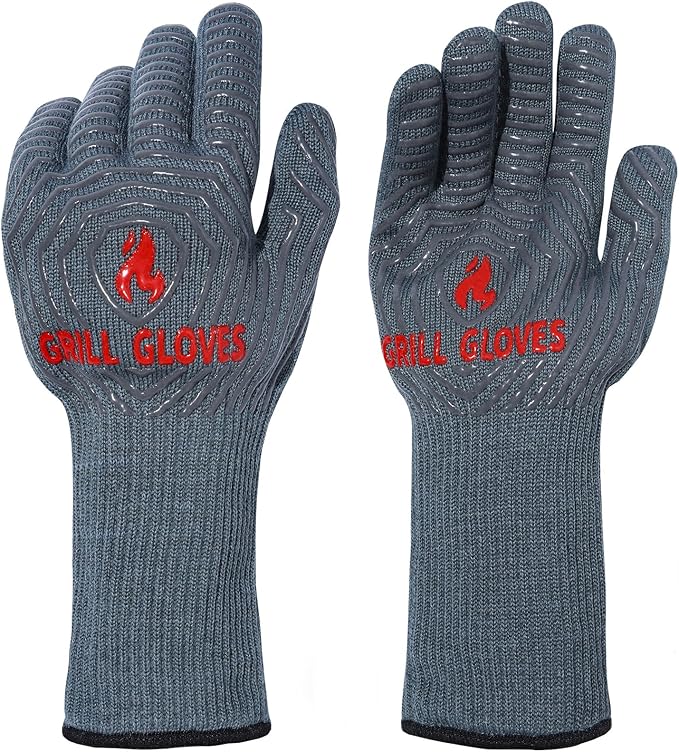 QUWIN BBQ Gloves, Oven Gloves 1472??Extreme Heat Resistant, Grilling Gloves Silicone Non-Slip Oven Mitts, Kitchen Gloves for BBQ, Grilling, Cooking, Baking-1 Pair??(Grey, One Size(Long Cuff))