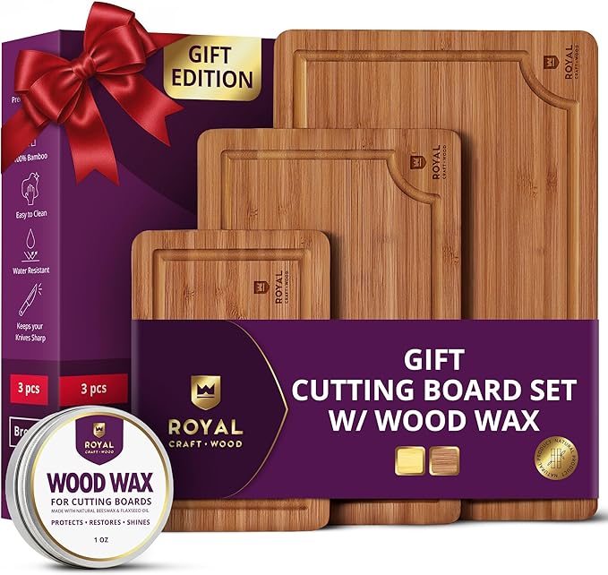 ROYAL CRAFT WOOD Bamboo Cutting Board Set ??3 Durable Wooden Cutting Boards for Kitchen Meal Prep, Charcuterie & Serving ??Chopping & Butcher Block with Juice Grooves ??Gift-Ready Packaging & Wood Wax