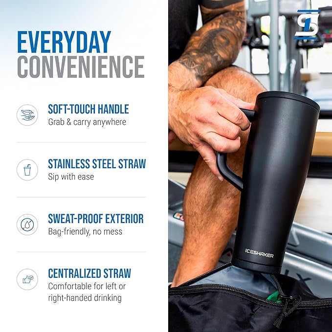 Ice Shaker 32 oz Tumbler with Handle and Straw | 32oz Black | Cold for 30+ Hours | 2-in-1 Tumbler Shaker Bottle | Odor-Free 32 ounce Bottle for Water, Protein Shakes, Smoothies, Cocktails