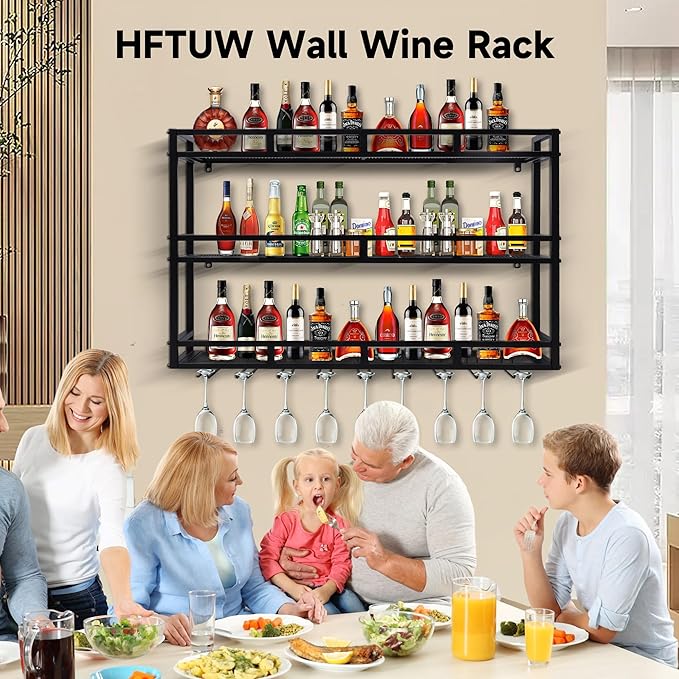 71 Inch Metal Wine Rack Wall Mounted, Bar Shelves for Liquor Bottles with LED Light, 3 Tier Large Capacity Liquor Rack Wall Mounted with Glass Holder for Home Bar & Dining Room, Black