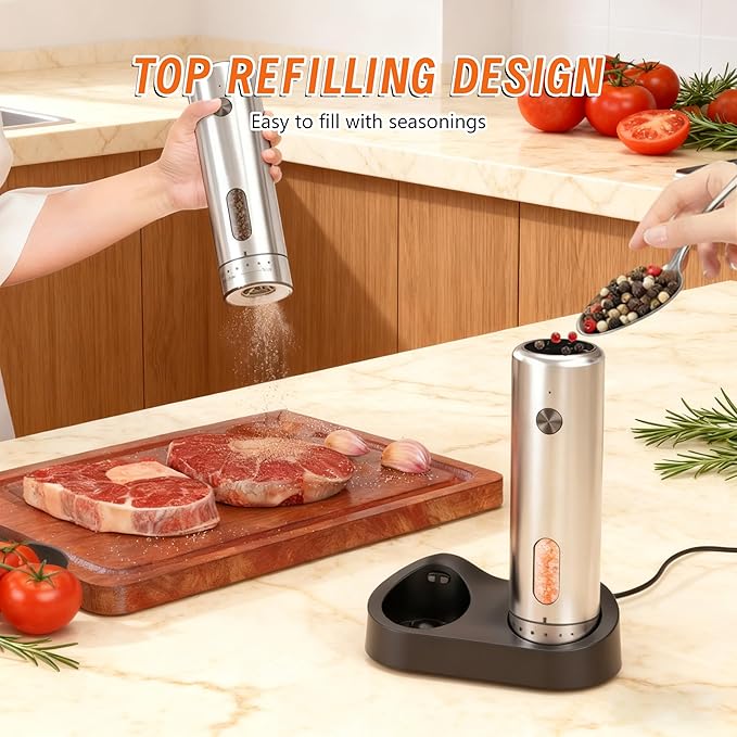 Electric Salt and Pepper Grinder Set - Rechargeable External Adjustment LED Light Dual Charging Base Upgraded Large Capacity with 110ml Top-Refill Stainless Steel Automatic Pepper Shakers
