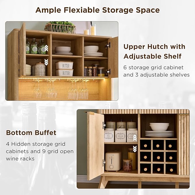 OKD 72" Tall Wine Bar Cabinet with Storage Hutch, Modern Wood Fluted Coffee Bar Cabinet with LED Lights and 10 Tier Storage Shelf & 9 Grid Wine Glass Rack for Home Dining Room Kitchen (Natural Oak)