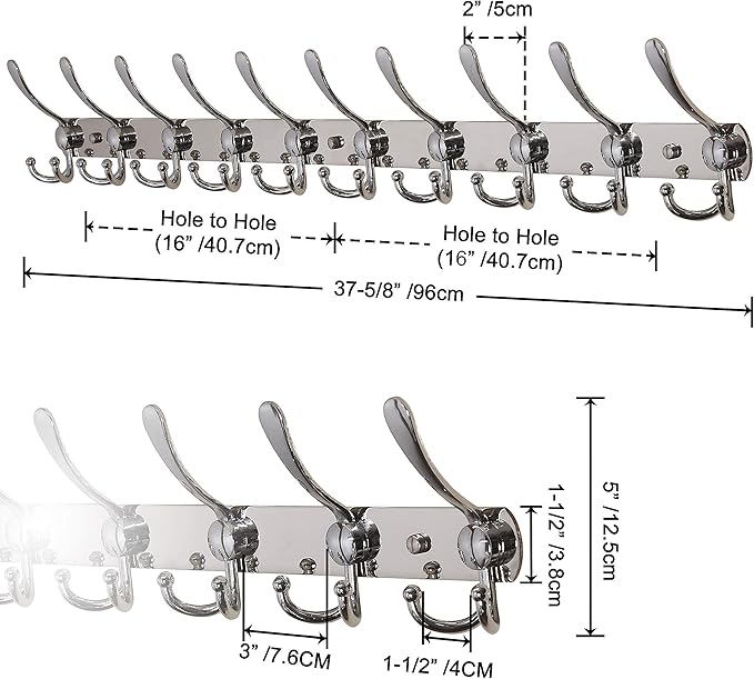 Dseap Coat Rack Wall Mount - 38??Long 10-Tri-Hooks Heavy Duty Coat Hanger Rail Wall Hooks for Hanging Coats Hats Clothing Clothes Purse Mudroom Entryway, Chromed