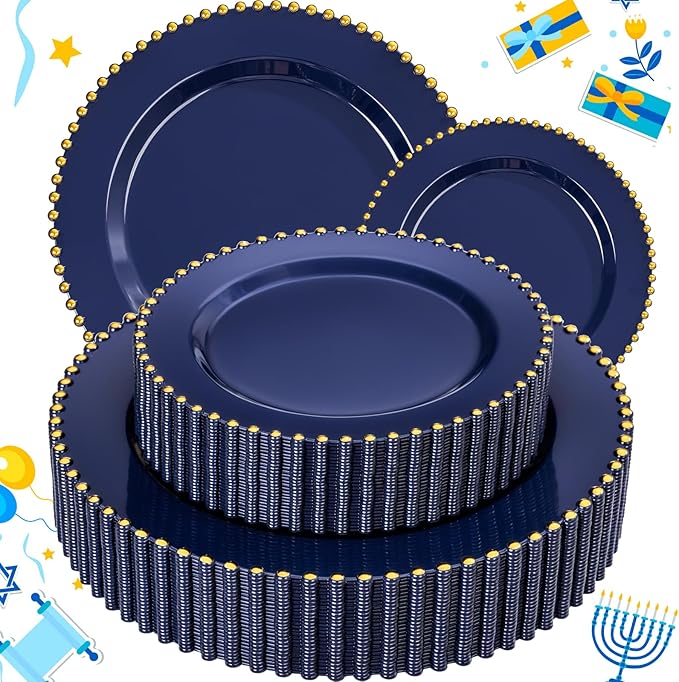 EI 60pcs Dark Blue Plastic Plates with Gold Rim Disposable,Blue Plastic Plates Disposable for Party,Heavy Duty Dinner/Dessert Fancy Elegant Plate for Wedding,Birthday,Afternoon Tea