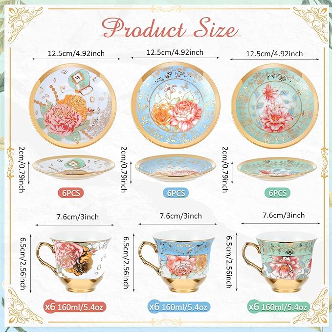 Set of 18 Tea Cups and Saucers Tea Party Decorations Floral Porcelain 5.4 oz British Gift for Women Birthday Party, Church, and Mother's Day (Classic Style)