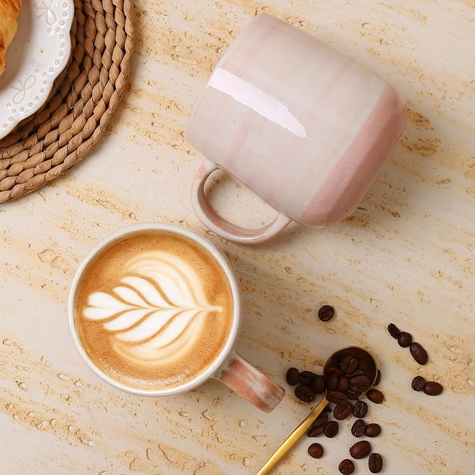 Coffee Mugs, Set of 4 Pink Ceramic Mugs with Subtle Stripe Texture - 12oz Cups, Microwave & Dishwasher Safe, Modern Minimalist Design for Home, Office, Gift Giving