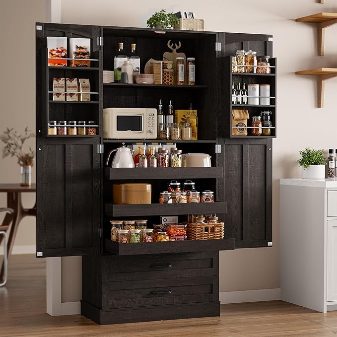 ONBRILL 71" Tall Farmhouse Kitchen Pantry Cabinet with 3 Pull Out Shelves & 2 Large Drawers, Pantry Storage Cabinet with 6 Door Shelf & Adjustable Shelf, Freestanding Cupboard for Kitchen, Dining Room
