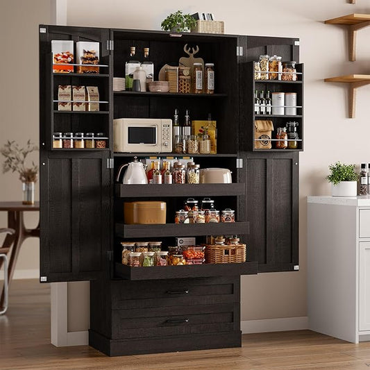 ONBRILL 71" Tall Farmhouse Kitchen Pantry Cabinet with 3 Pull Out Shelves & 2 Large Drawers, Pantry Storage Cabinet with 6 Door Shelf & Adjustable Shelf, Freestanding Cupboard for Kitchen, Dining Room