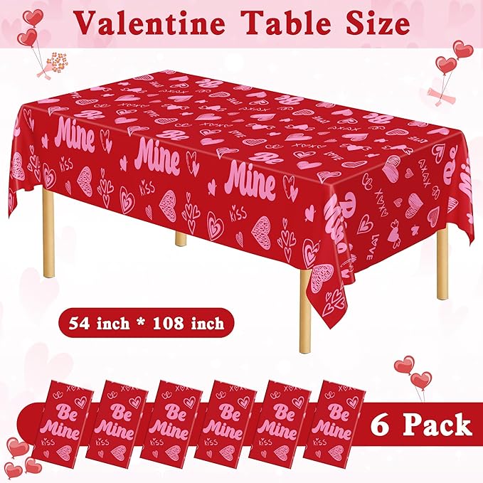 QZYL 6 Pcs Valentines Tablecloth, 54" X 108" Pink Love Heart Plastic Table Cover, Valentines Disposable Rectangle Table Cloth, Galentines Decorations for Love Wedding Engagement Anniversary Party