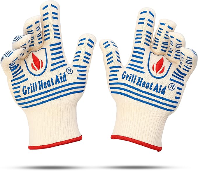 GRILL HEAT AID BBQ Grill Gloves 1472째F - Extreme Heat Resistant Oven Mitts for Grilling, Smoker & Fire Pit with Silicone Grip & EN407 Cut Resistance - Short Cuff, White & Blue