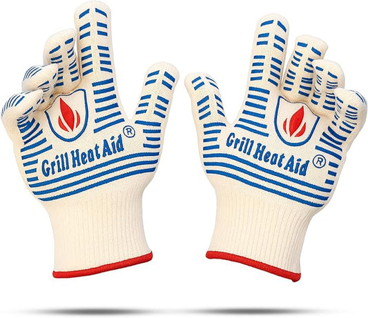 GRILL HEAT AID BBQ Grill Gloves 1472째F - Extreme Heat Resistant Oven Mitts for Grilling, Smoker & Fire Pit with Silicone Grip & EN407 Cut Resistance - Short Cuff, White & Blue