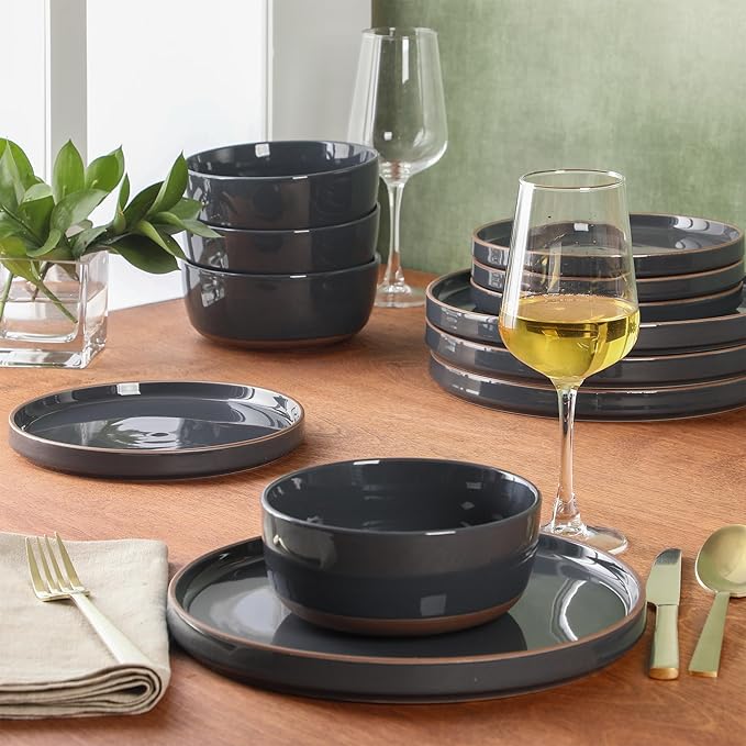 Gibson Elite Northrock Stoneware Dinnerware Set, 12-Piece Service for 4 Plates and Bowls Set ??Charcoal Blue Dishes with Hand-Painted Terracotta Base