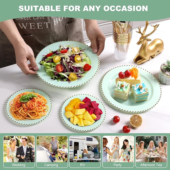 EI 60pcs Green Plastic Plates with Gold Rim,Disposable Plastic Plates Heavy Duty for Party,Sage Green and Gold Dessert/Dinner Plate for Birthday,Afternoon Tea,Wedding,Spring,Valentine's Day,Easter