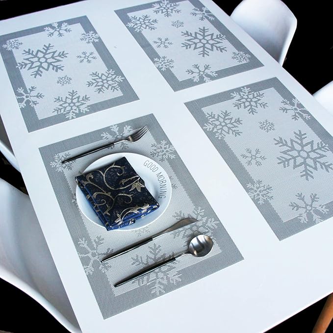 PIGCHCY Christmas Placemats Snowflake Woven Heat Resistant Placemats Washable Easy to Clean Table Mats for Dining Room and Decor(Set of 4, Silver)