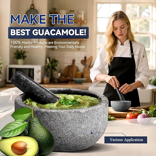 Koville Granite Mortar and Pestle Set, 7"-4 Cups Unpolished Stone Grinder Bowl for Guacamole, Salsa, Pill Crusher, Spice, Herb, Garlic, Nut, Heavy Duty Grinder for Kitchen(Angola Silver Black)