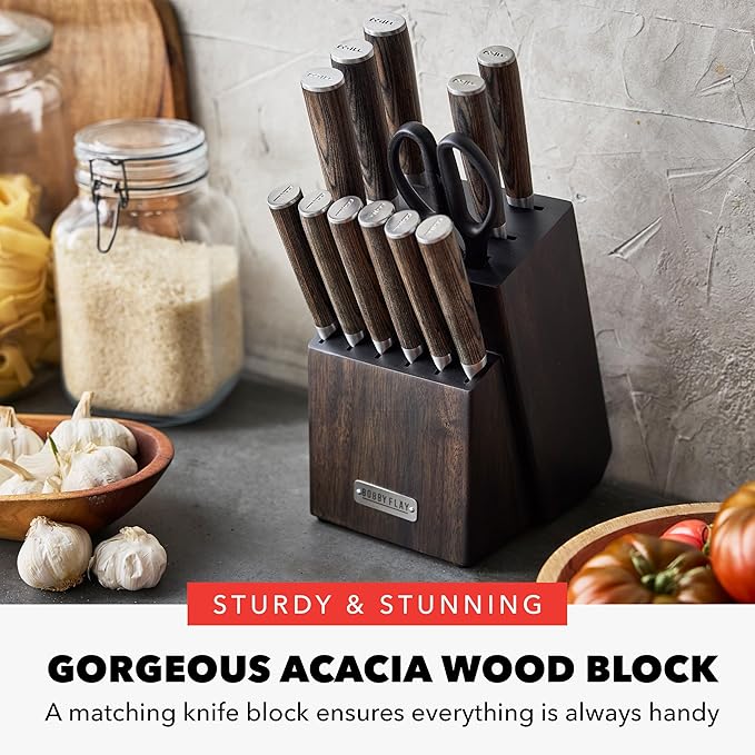 GreenPan x Bobby Flay 13 Piece Stainless Steel Cutlery Kitchen Knife Block Set, Premium Stainless Steel Blades, Acacia Wood Knife Block, Hand Finished Ergonomic Wood Handle, Damascus Steel Design