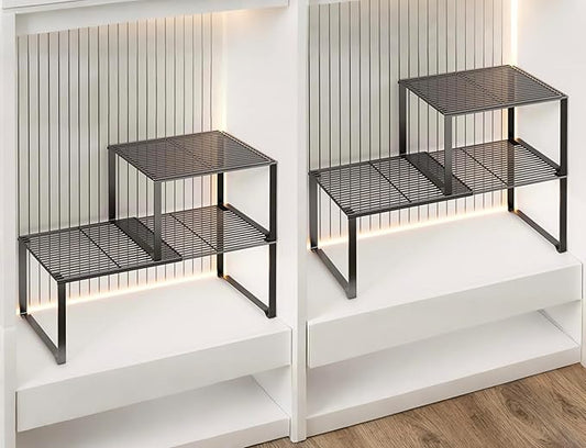 Extendable Metal Wire Shelf Organizer - Adjustable 15-24.4in Length, Stackable Storage Rack for Kitchen/Pantry/Bathroom/Shoe Cabinet/Tool Closet (4,Black)