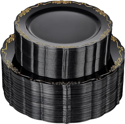 U-QE 100PCS Black and Gold Plastic Plates - Heavy Duty Black Disposable Plates Including 50PCS 10'' Dinner Plates & 50PCS 7.5'' Dessert Plates - Hard Plastic Plates for Party