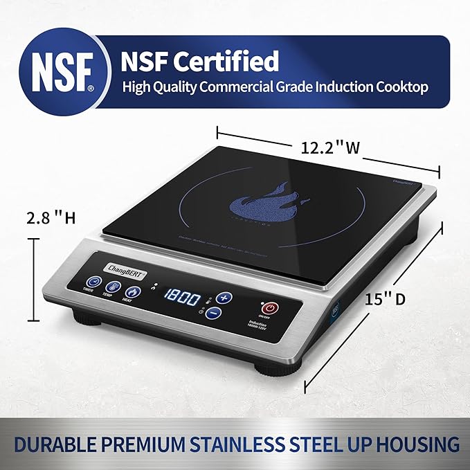 ChangBERT Induction Cooktop, Commercial Grade Portable Cooker, Large 8??Heating Coil, Premium Stainless Steel Countertop Burner with NSF Certified, 10 Hours Timer Powerful 1800W Professional Hot Plate