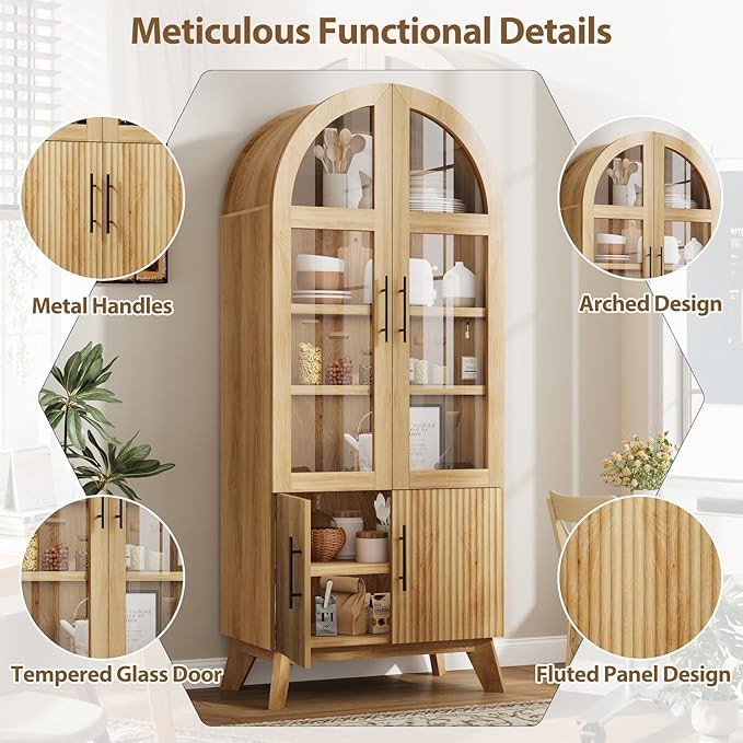 QUW 71" Modern Fluted Display Cabinet, Fluted Arched Pantry Cabinet, Tall Kitchen Storage Pantry with Adjustable Shelf, Storage Cabinet for Living Room, Dining Room, Natural Oak