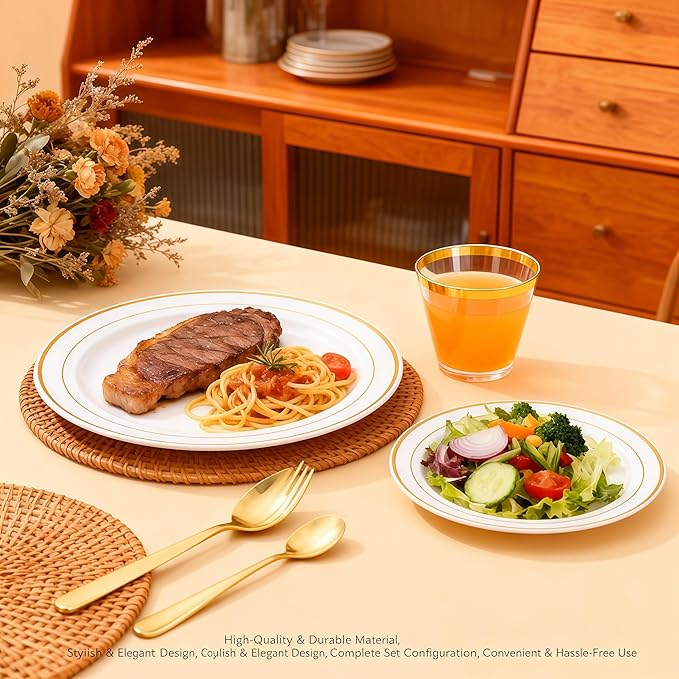 Elegant Wedding Disposable Plates Gold Dinnerware Sets for 25 or 50 Guests for Reception (350)