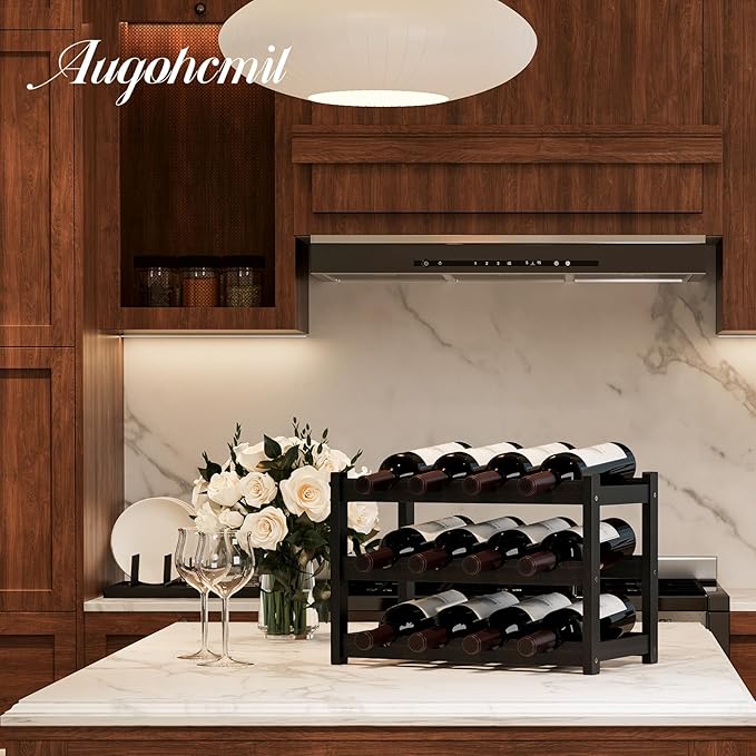 Wine Rack竊똁amboo Wine Storage Cabinet Shelf竊똂ountertop Wine Shelf- Freestanding Wine Holder for Kitchen & Pantry (Black, 3-Tier)