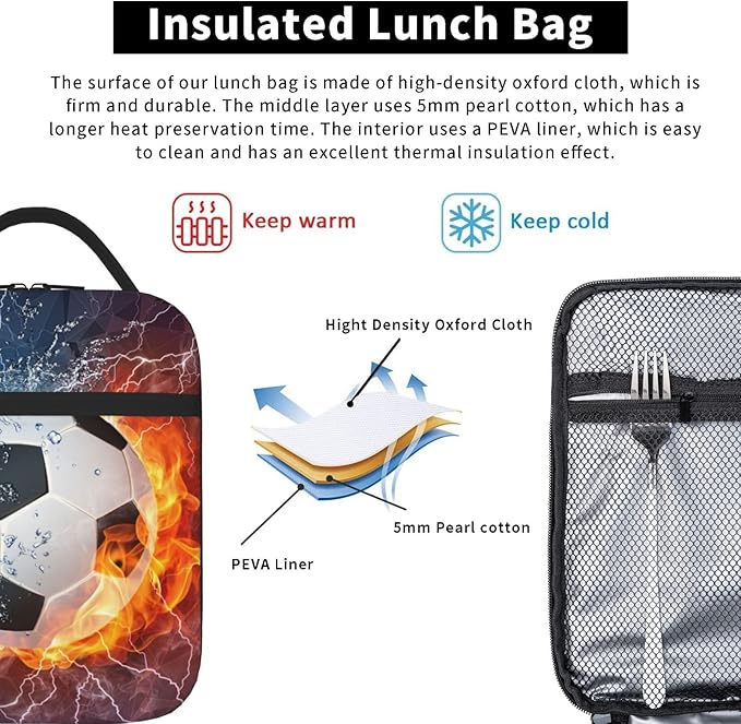 YIJIUWKIS Soccer Lunch Box Sports-themed Lunch Bag for Kids Teens Boys Girls, Insulated Leakproof Waterproof Reusable Lunch Bags with Mesh Pocket, Portable Durable Cooler Tote Bag with Double Zippers