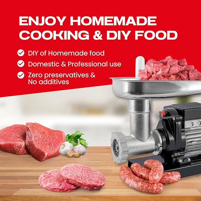 Reber Electric Meat Grinder N.8 450W ??Meat Mincer and Sausage Maker ??Tinned Cast Iron Body, Stainless Steel Knife and Plate ??Induction Motor for Continuous Use ??Made in Italy