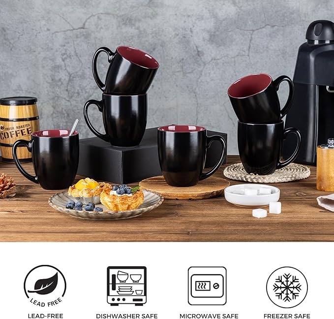 GBhome 12oz Coffee Mugs Set of 6, Large Ceramic Coffee Mugs for Man, Woman, Dad, Mom, Modern Coffee Mugs Set with handle for Tea/Latte/Cappuccino/Milk/Cocoa. Dishwasher&Microwave Safe,Red