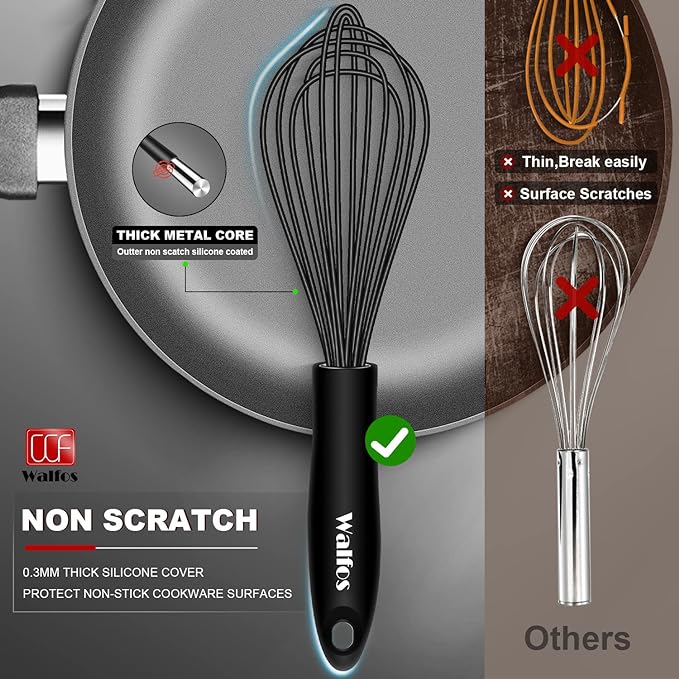 Walfos Silicone Whisk,Stainless Steel Wire Whisk Set of 3 -Heat Resistant 480째F Kitchen Whisks for Non-stick Cookware,Balloon Egg Beater Perfect for Blending,Whisking,Beating,Frothing & Stirring,Black