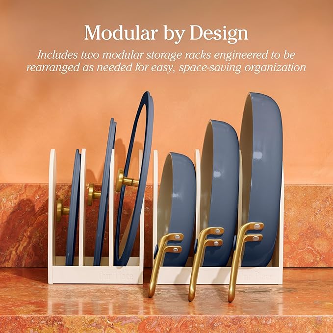 Our Place 8-Piece Essentials Complete Cookware Set - Ceramic Fry Pan Trio & Modular Rack Storage | Nontoxic Thermakind??Nonstick, Oven Safe up to 450째F & Compatible with All Cooktops | Blue Salt