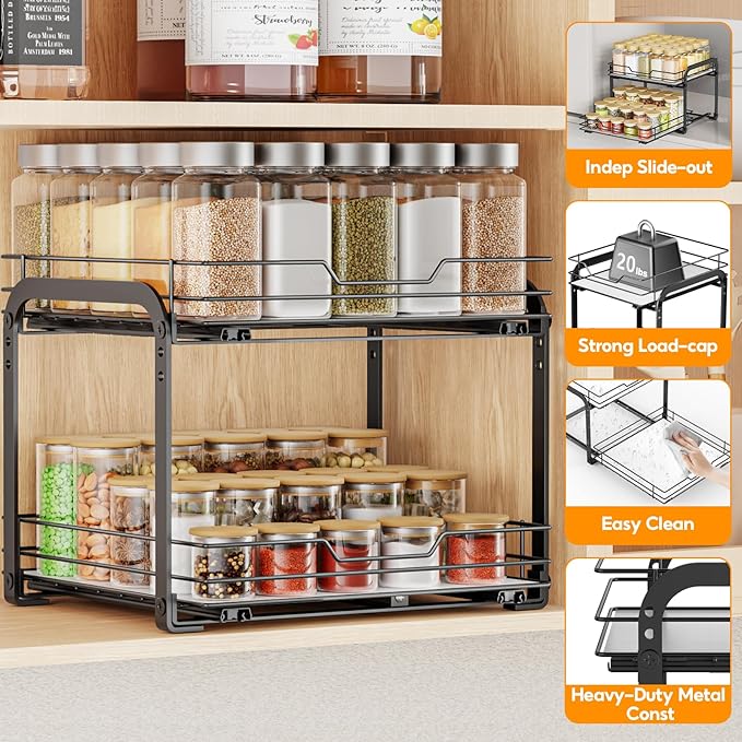 Spice Rack Organizer for Cabinet, 2 Tier Pull Out Spice Rack ??Heavy Duty Metal Spice Organization for Cabinet, 50-Jar Capacity, Height Adjustable Cabinet Organizer (11.5W" X 10.5"D X 9"H, Black)