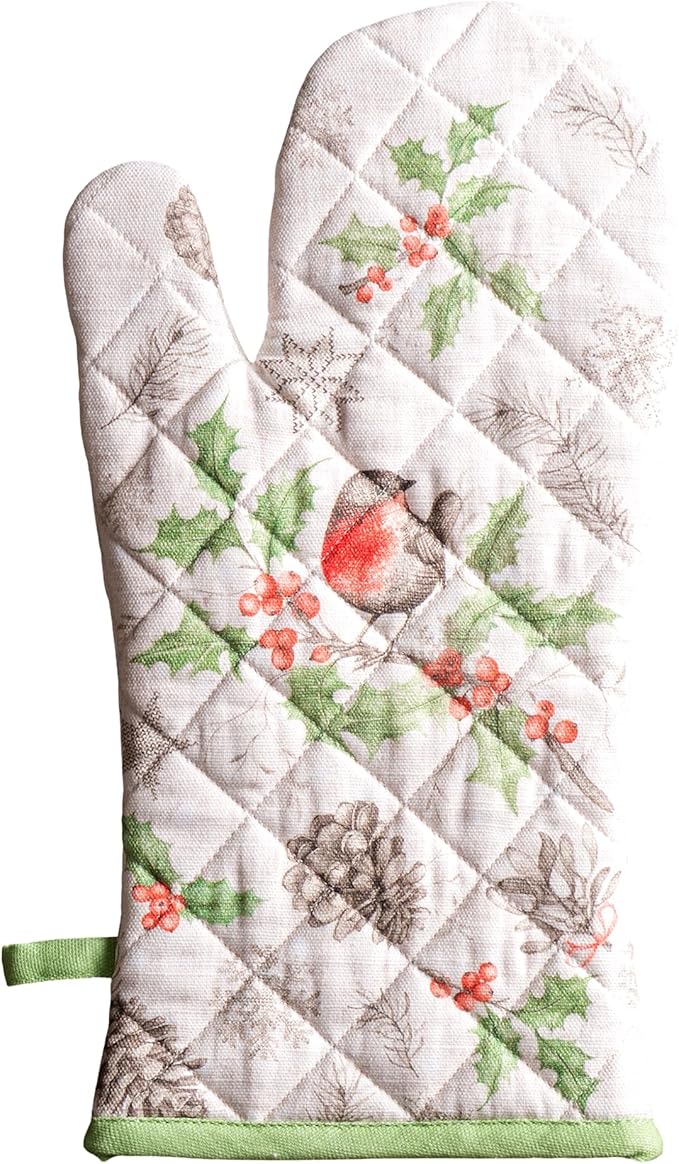 Maison d' Hermine Oven Gloves 100% Cotton Oven Mitt 7" x 13" with Loop Heat Resistant BBQ Cooking Gloves for Thanksgiving Christmas Decorations Baking Handling Hot Pans (Pack of 1, Christmas Dew)