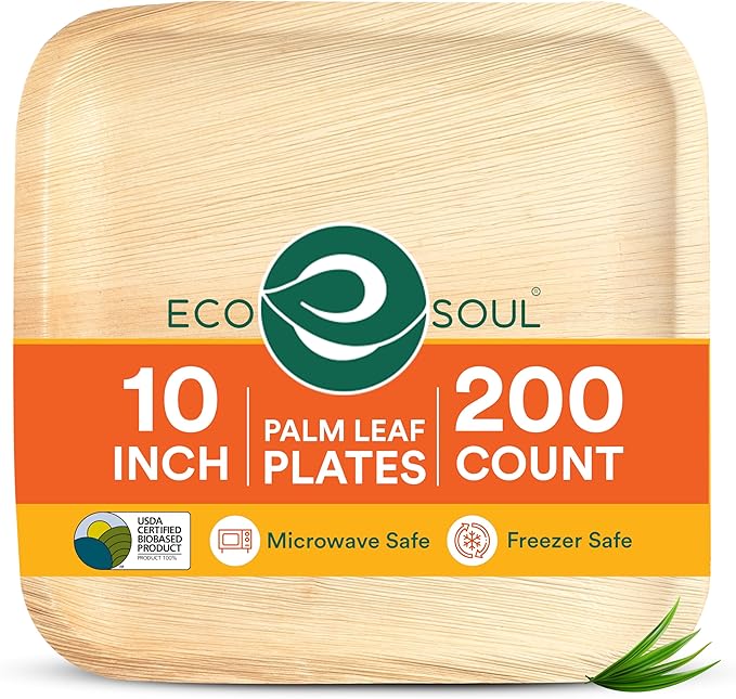 ECO SOUL Palm Leaf Disposable Bamboo Plates 10" Square Compostable & Biodegradable Party Plates for Christmas Dinner, Weddings, Parties & Events 200 Count