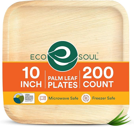 ECO SOUL Palm Leaf Disposable Bamboo Plates 10" Square Compostable & Biodegradable Party Plates for Christmas Dinner, Weddings, Parties & Events 200 Count