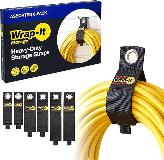 Heavy-Duty Wrap-It Storage Straps (Assorted 6 Pack) - Garage Storage Extension Cord Organizer, Cable Straps for RV Accessories