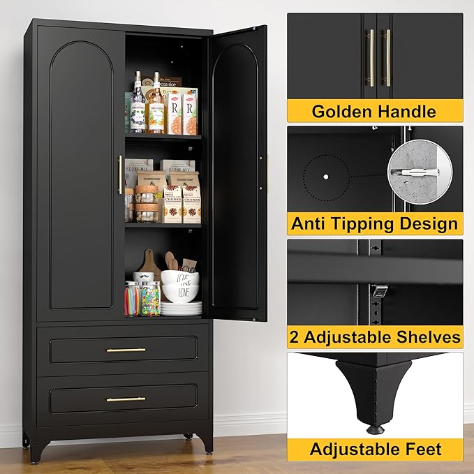 Metal Kitchen Pantry Storage Cabinet with 2 Drawers竊?5Inch Black Food Pantry Cabinets for Kitchen with 2 Adjustable Shelves竊똖all Storage Cupboard for Living Room, Dining Room Office