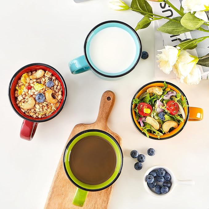 bestone Coffee Mugs Set of 4竊?6 oz Large Ceramic with Handles,Coffee,Salad,Noodles etc Cups for Cereal Latte,Vibrant Colors (Vibrant 6, 16-oz)